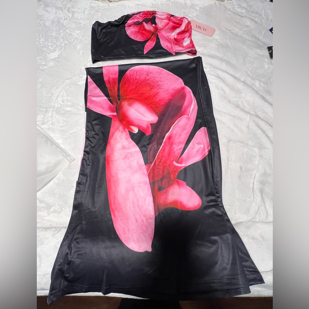 MICAS Floral Pink and Black Long Skirt and top